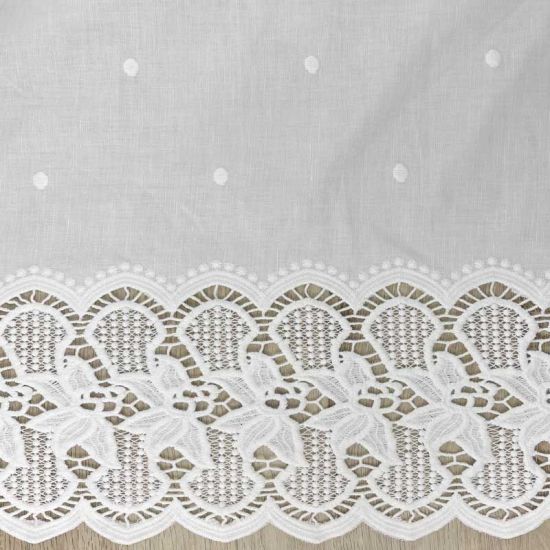Lino Blanco Cenefas Bordadas y Bodoques. Ancho 140 cm - 1