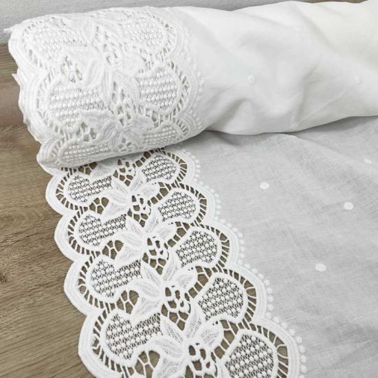 Lino Blanco Cenefas Bordadas y Bodoques. Ancho 140 cm - 3