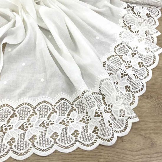 Lino Blanco Cenefas Bordadas y Bodoques. Ancho 140 cm - 4