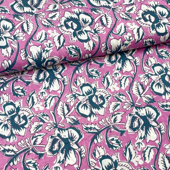 Algodón Blockprint Alma Rani Rosa y Verde
