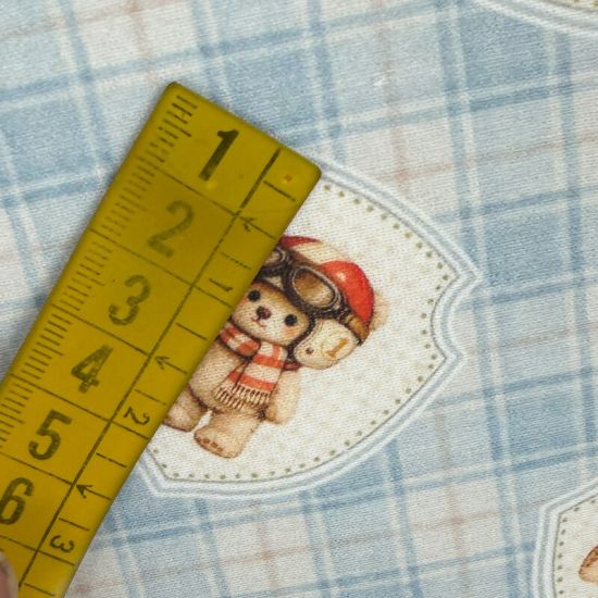 Popelín Infantil Sweet Osito Aviador y Cuadros Azul 3