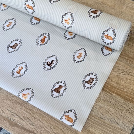 Popelín Infantil Sweet Animales del Bosque y Rayas Beige 1