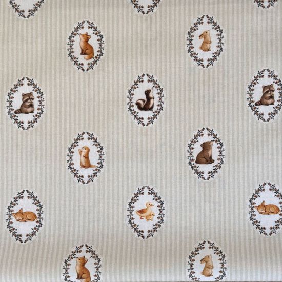 Popelín Infantil Sweet Animales del Bosque y Rayas Beige 2