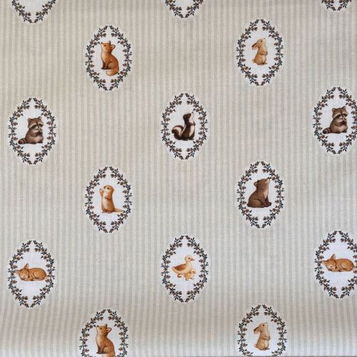 Popelín Infantil Sweet Animales del Bosque y Rayas Beige 2