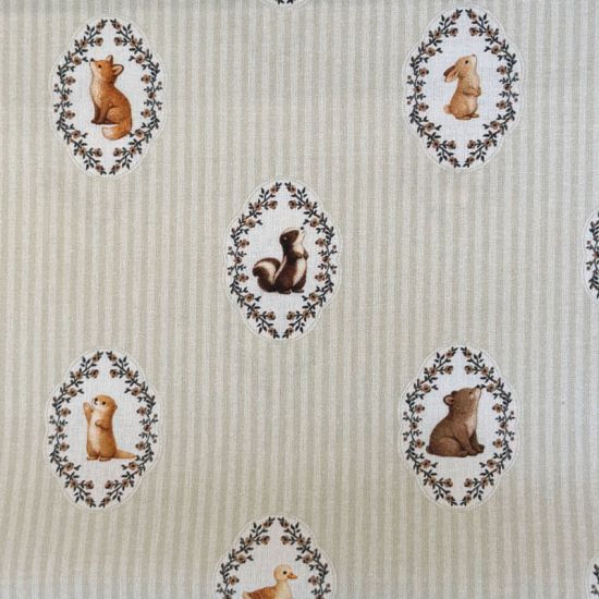 Popelín Infantil Sweet Animales del Bosque y Rayas Beige