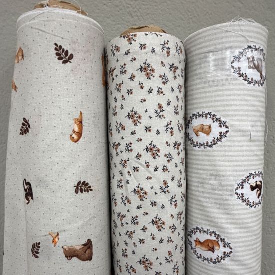 Popelín Infantil Sweet Animales del Bosque y Rayas Beige 5