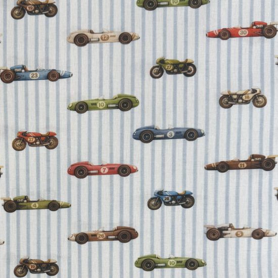 Popelín Infantil Sweet Bólidos y Motos con Rayas Azules