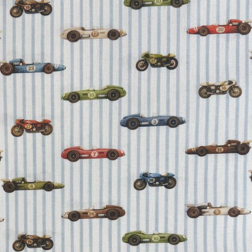 Popelín Infantil Sweet Bólidos y Motos con Rayas Azules