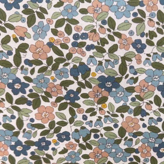 Popelín Floral Jardín de Elia Camel y Azul.