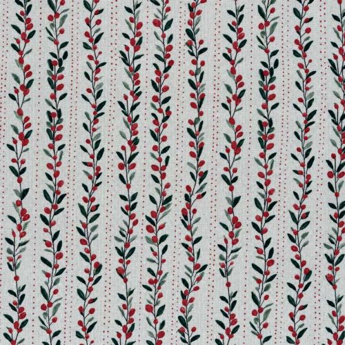 Loneta de Navidad Aspecto Lino – Ramas y Bayas Rojas